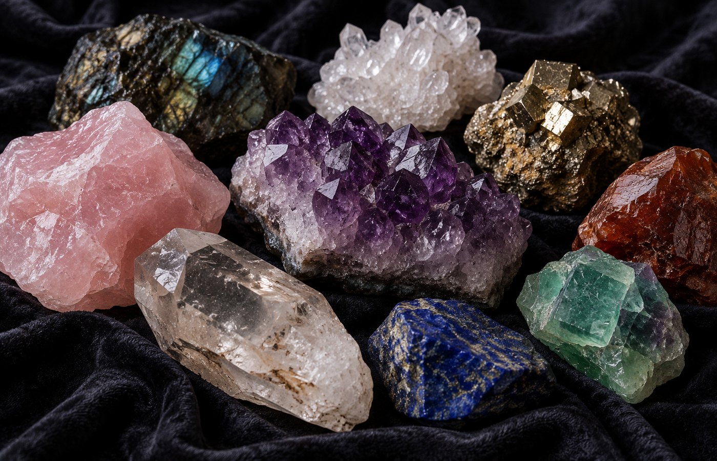 Ruwe ongesneden minerale kristallen op donkere doek, zonder speelstenen