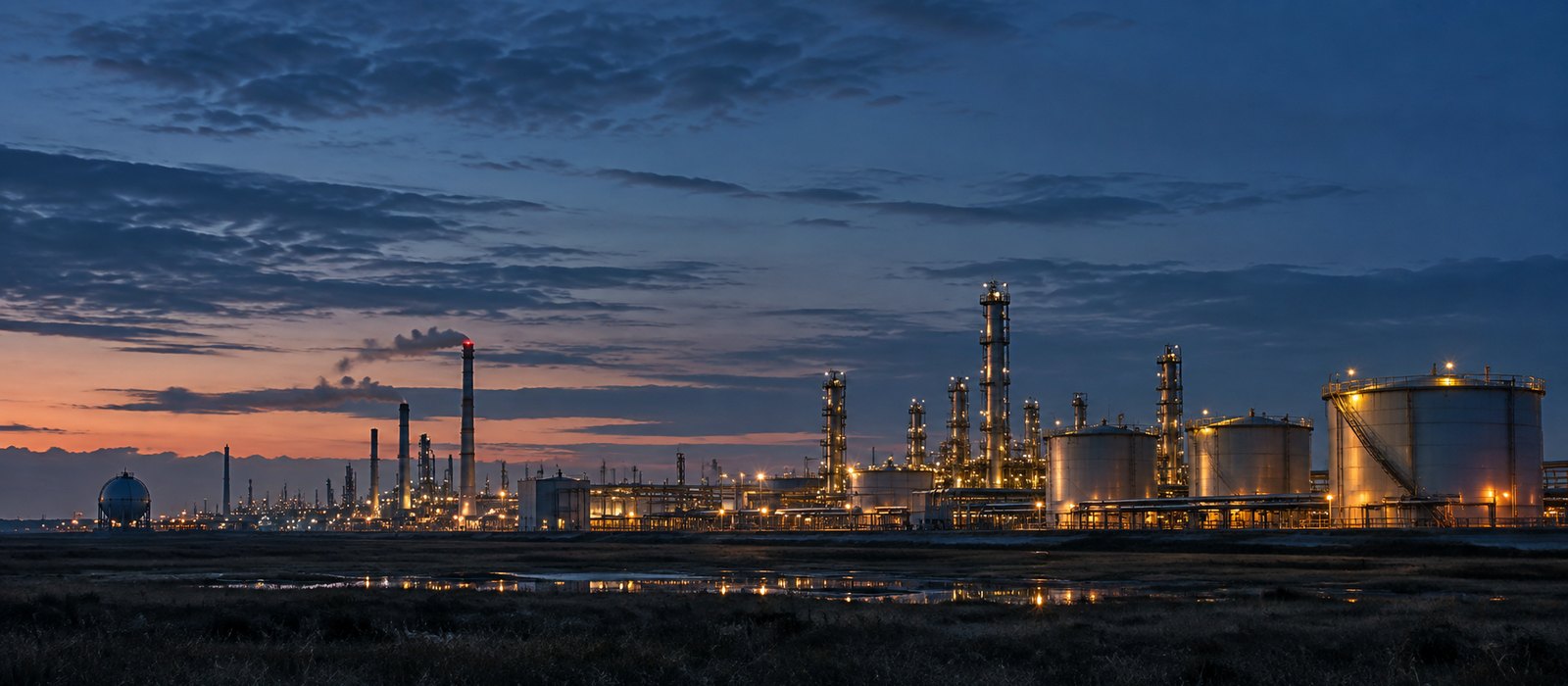 Gasblauw schemerlicht over een vlakke industriële vlakte, zonder borden