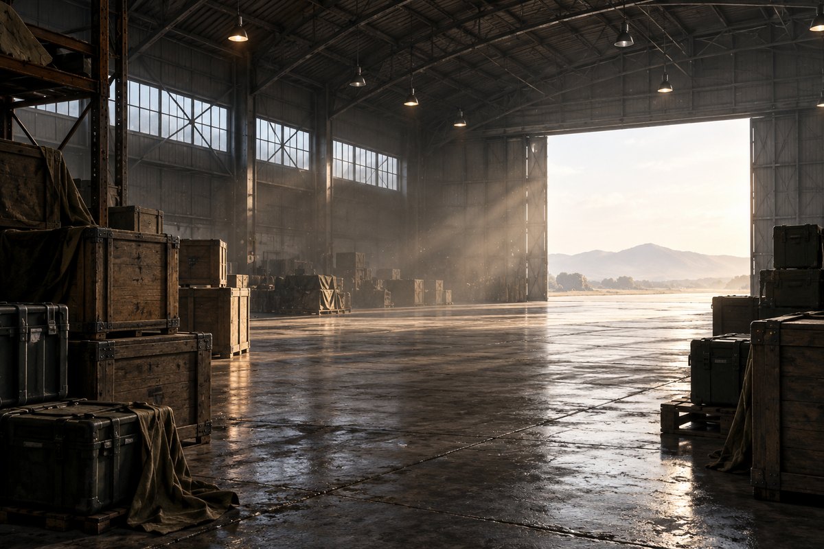 Lege hangar met ongemerkte kisten in stoflicht