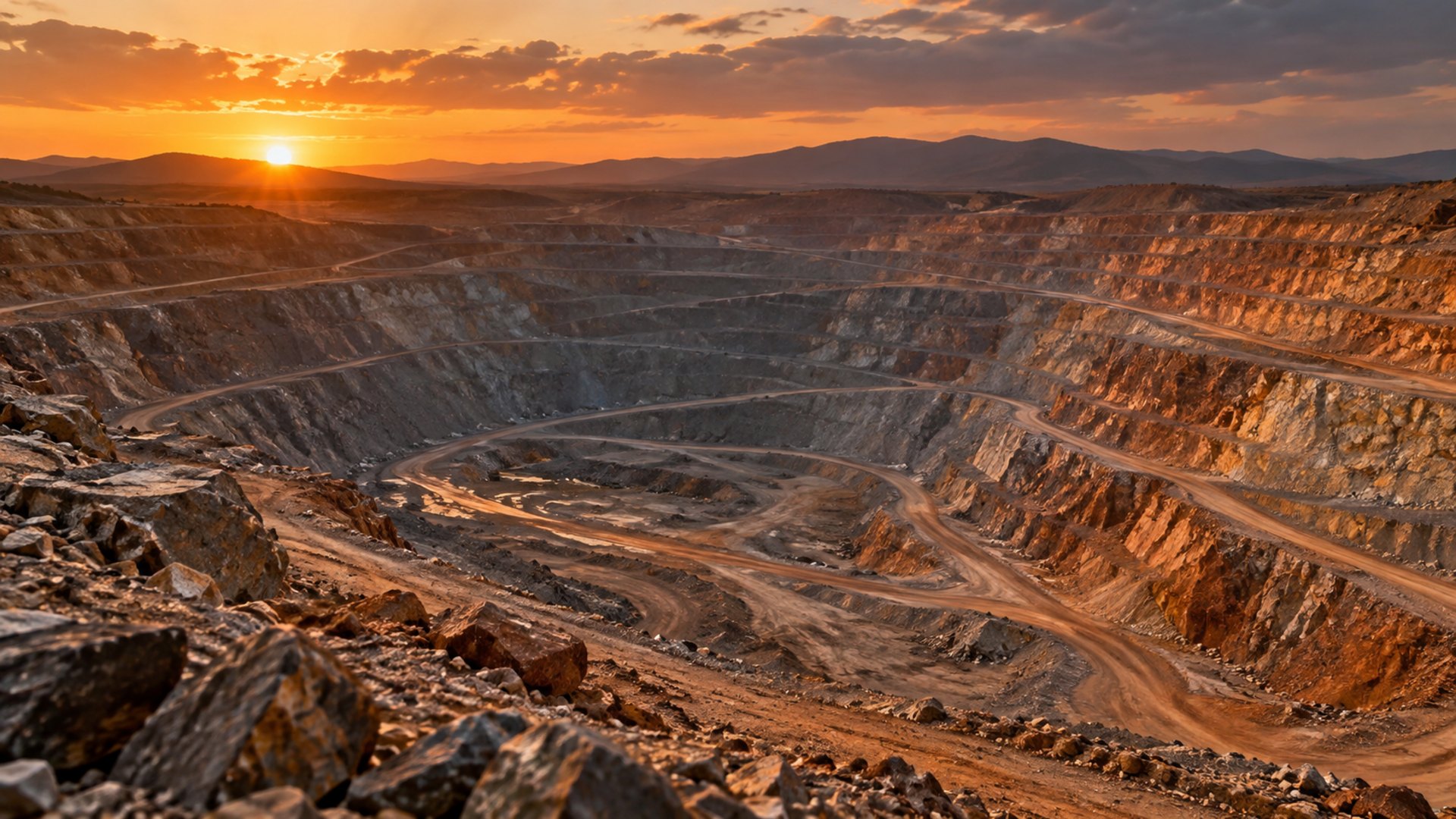 Open groeve in de schemering, gelaagde rotsen en oranje mineraalstof, zonder voertuigen en zonder mensen