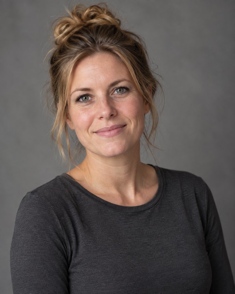 Marieke Nijhuis, vrouw van ongeveer drieendertig, in een effen antraciet hemd zonder opdruk