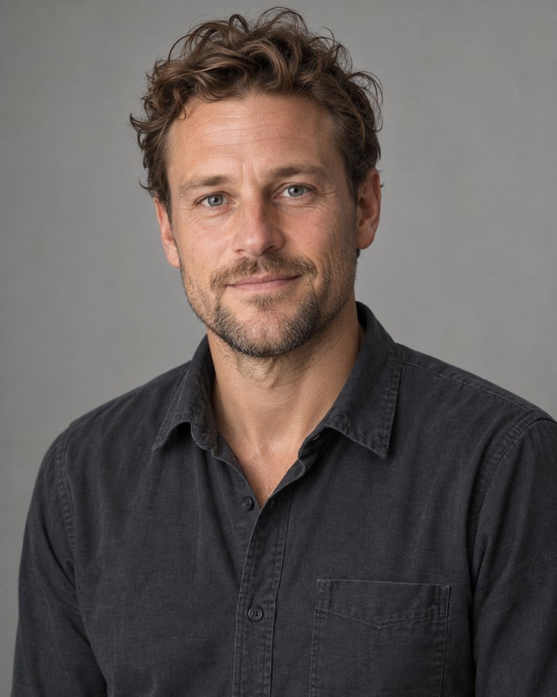 Roel ter Horst, man van ongeveer achtendertig, in een effen antraciet werkhemd zonder opdruk
